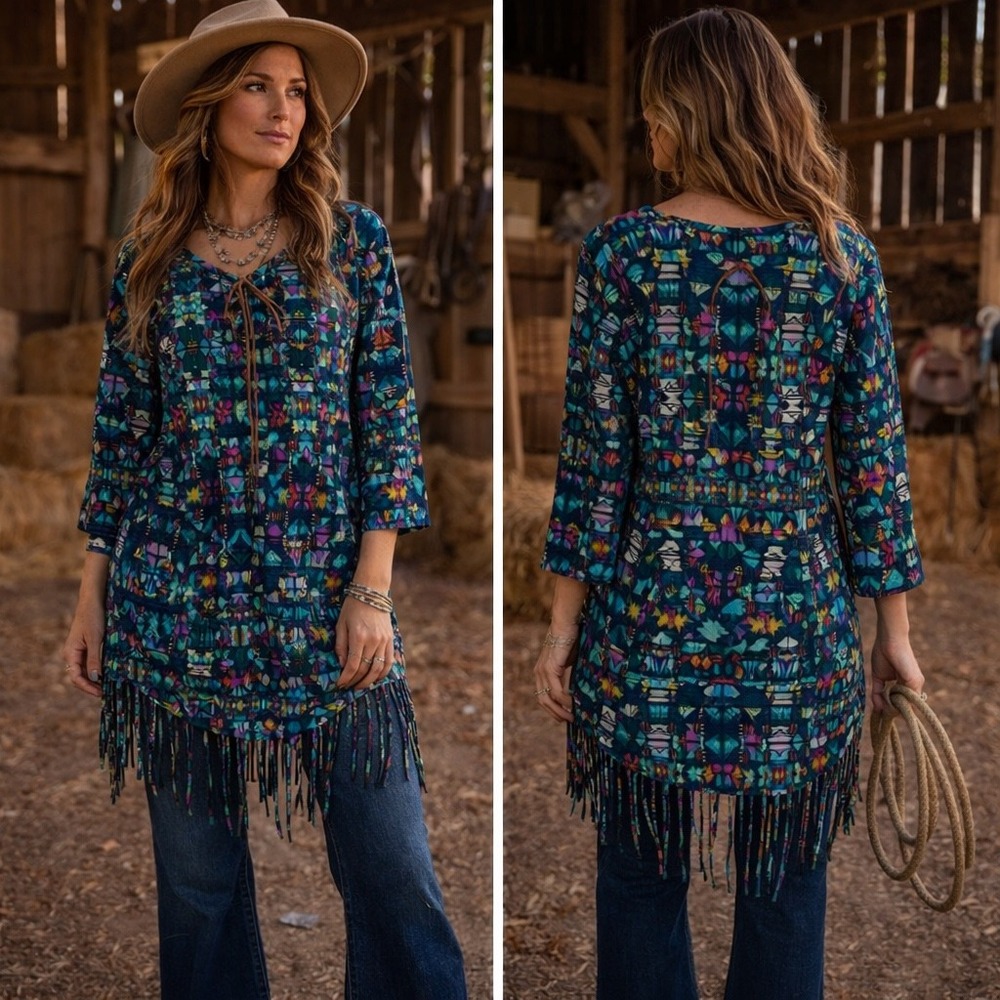 Hannah Women's Western Boho Aztec Southwest Fringe Tunic Top Lace Up V-Neck XL